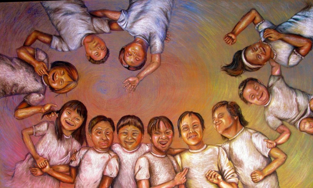 Investigación del canon anatómico de Síndrome de Down Pastel seco sobre lienzo 120x 200 cm